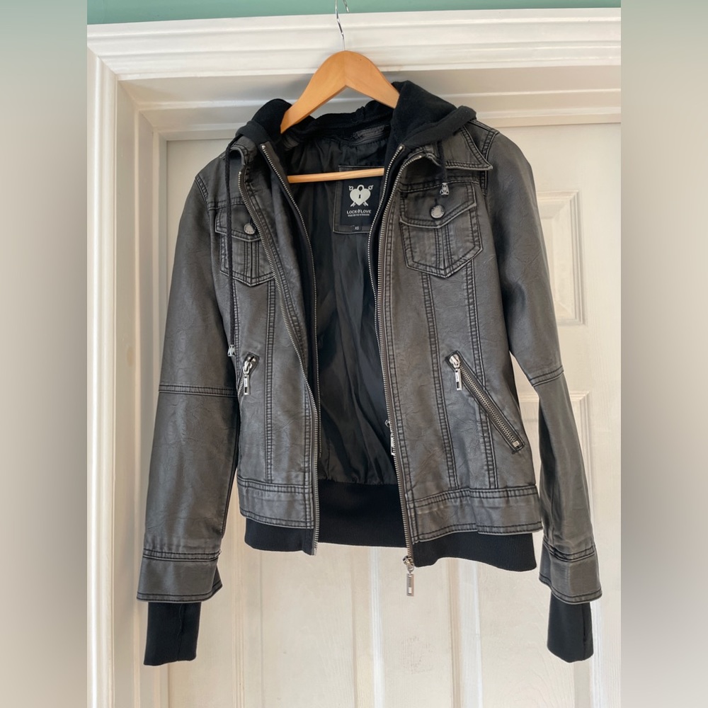 Lock and love faux lather removable hooded jacket